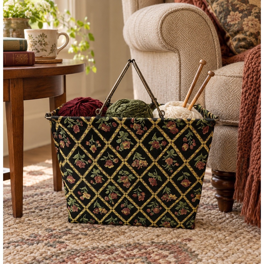 Vintage Tapestry Knitting Bag Black Floral Diamond Trellis Metal Frame Tote